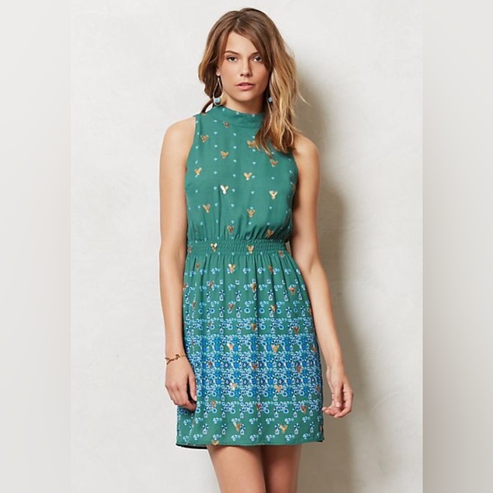 Anthropologie Turquoise & Gold Accent Dress